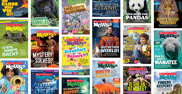 Collage of Scholastic News magazine covers on various topics for young readers