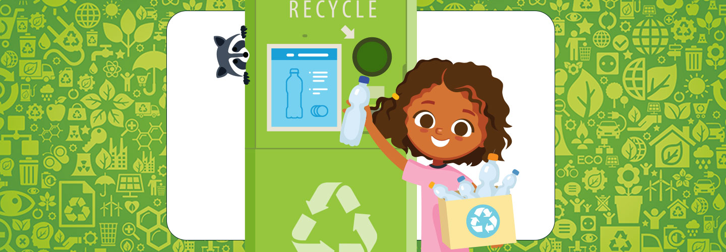 A young girl puts plastic bottles into a recycling collector.