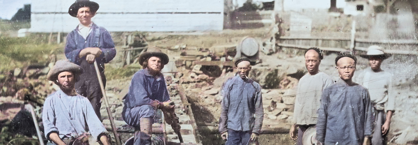 Colorized image of miners from the Gold Rush