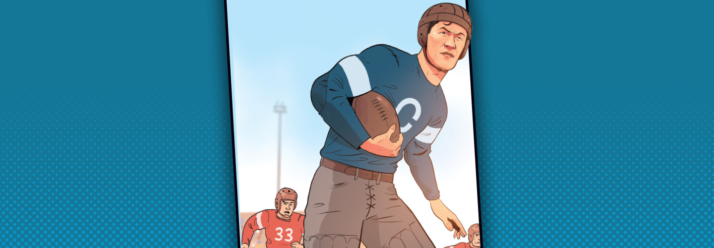 Comic illustration of Jim Thorpe playing football