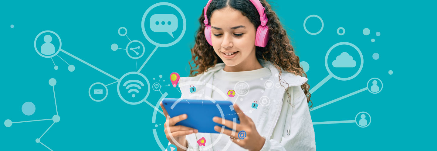 Student wearing headphones and holding tablet with a backdrop connecting different technology images