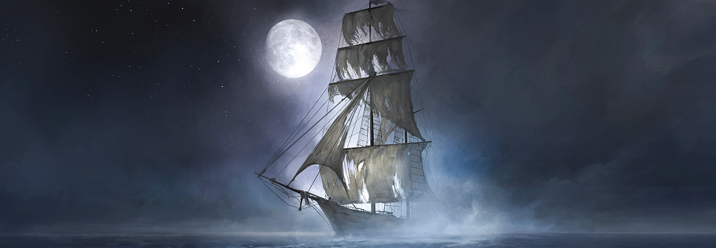 Illustration of a haunted ship traversing the night sea with a full moon