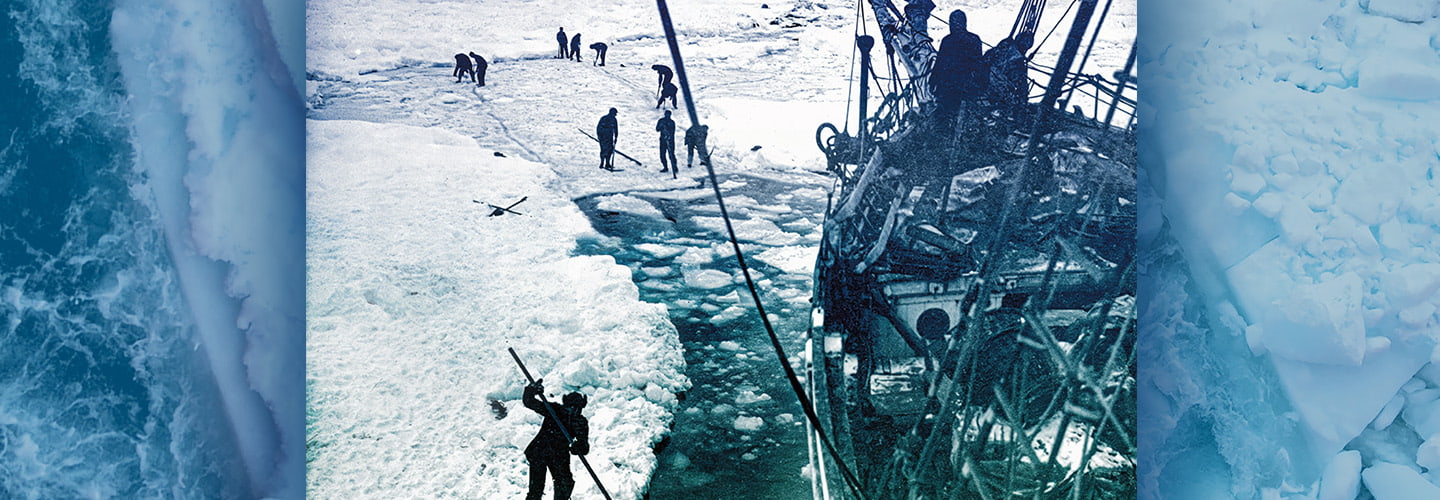 Image of a crew cutting through ice for their ship to pass through