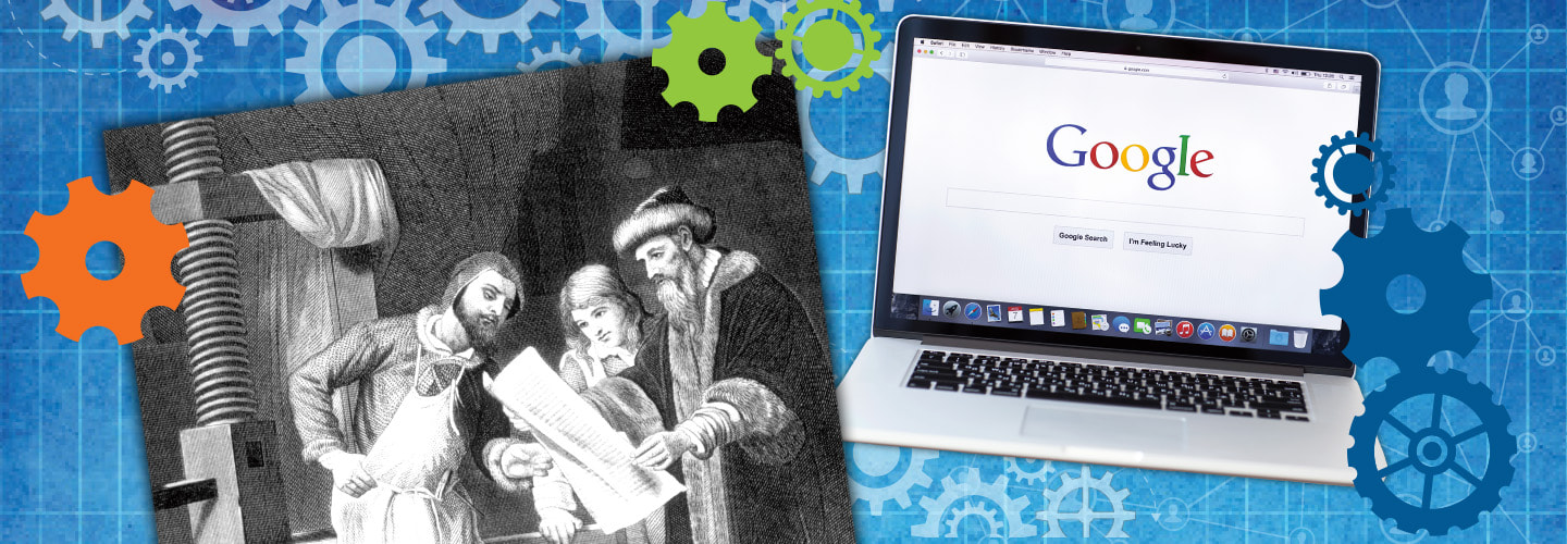 Black & white illustration of people brainstorming a new invention & image of a laptop