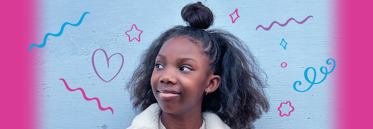 Photo of a kid smiling with cute drawings decorating background