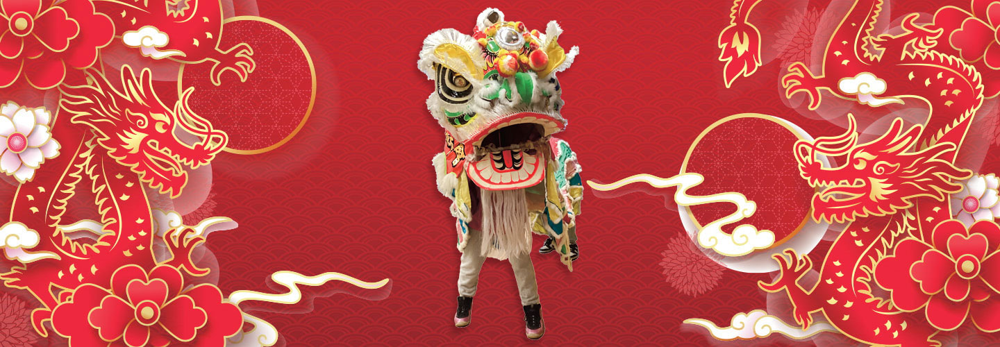 Image of Chinese dragon used in a parade next to illustrations of dragons