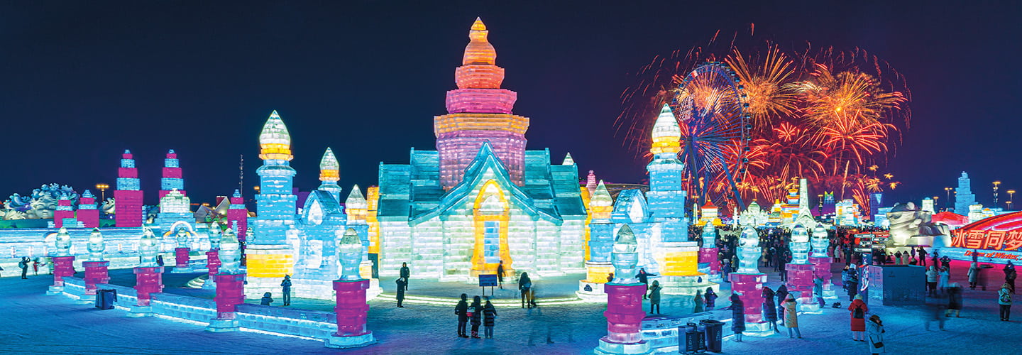 Bird&apos;s eye view of a colorful ice city