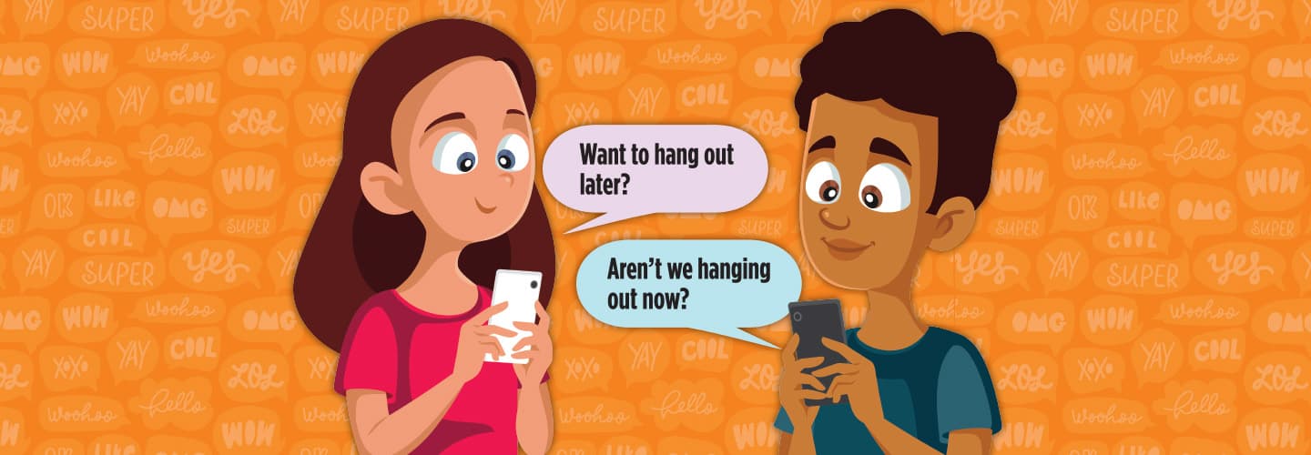 Illustration of two people texting on their phones to each other while hanging out in person