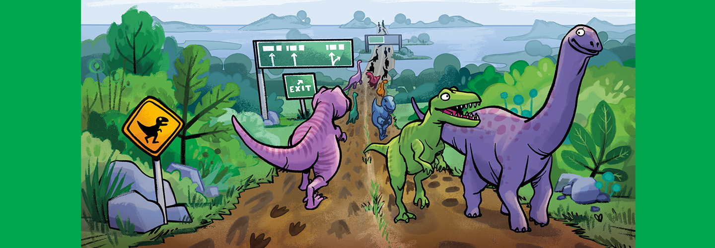 Illustration of dinosaurs walking a dirt highway