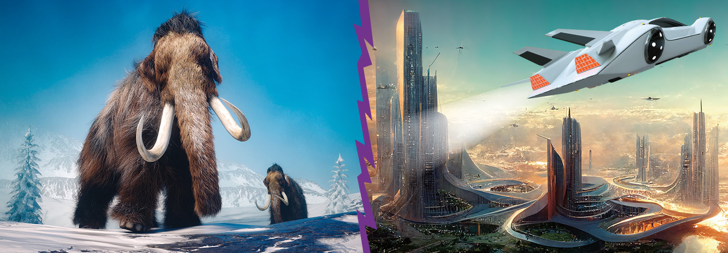 Images of prehistoric mammoths and image of the future with flying cars