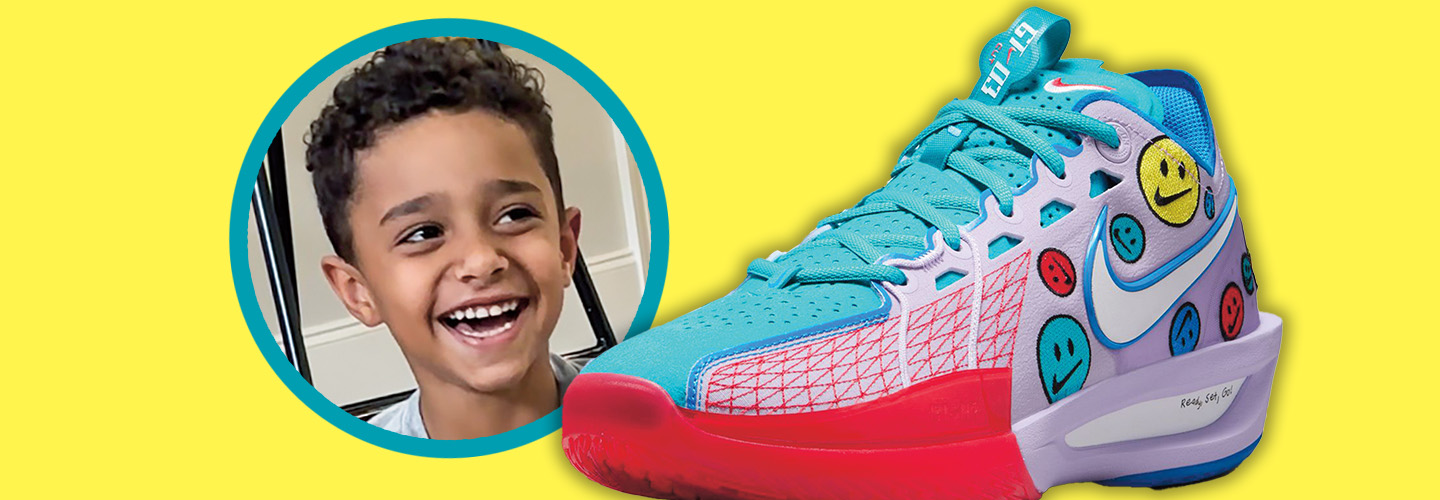 Image of a smiling kid and colorful sneakers with smiley faces