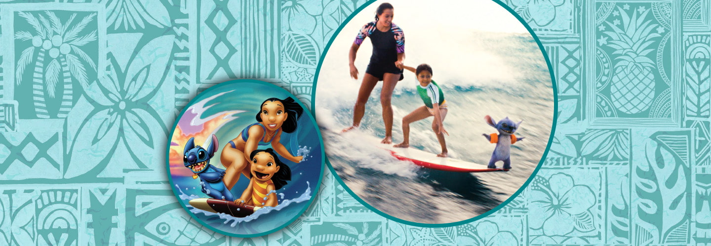 Image of Lilo, Lilo&apos;s sister, and Stitch surfing