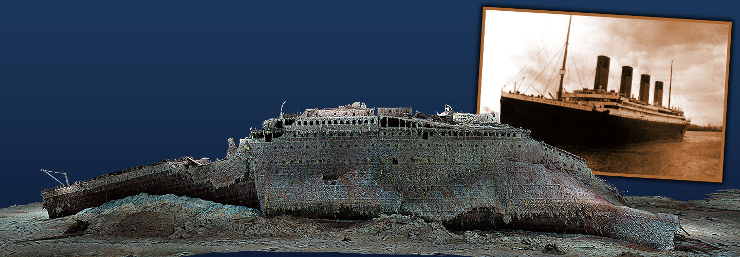 Image of the Titanic before and now of it underwater