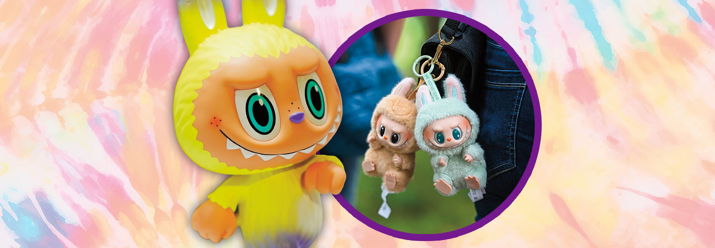 Image of a labubu and image of two labubus on a keychain