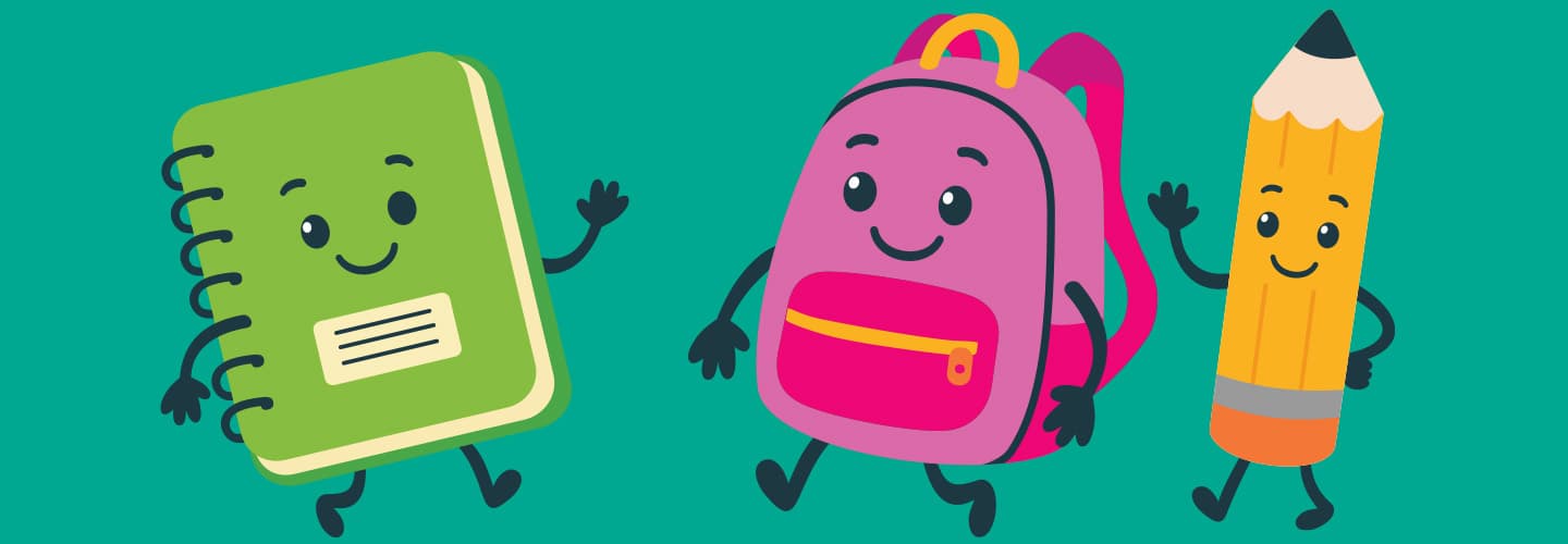 Three cartoon school supplies with faces and limbs: a notebook, a backpack, and a pencil