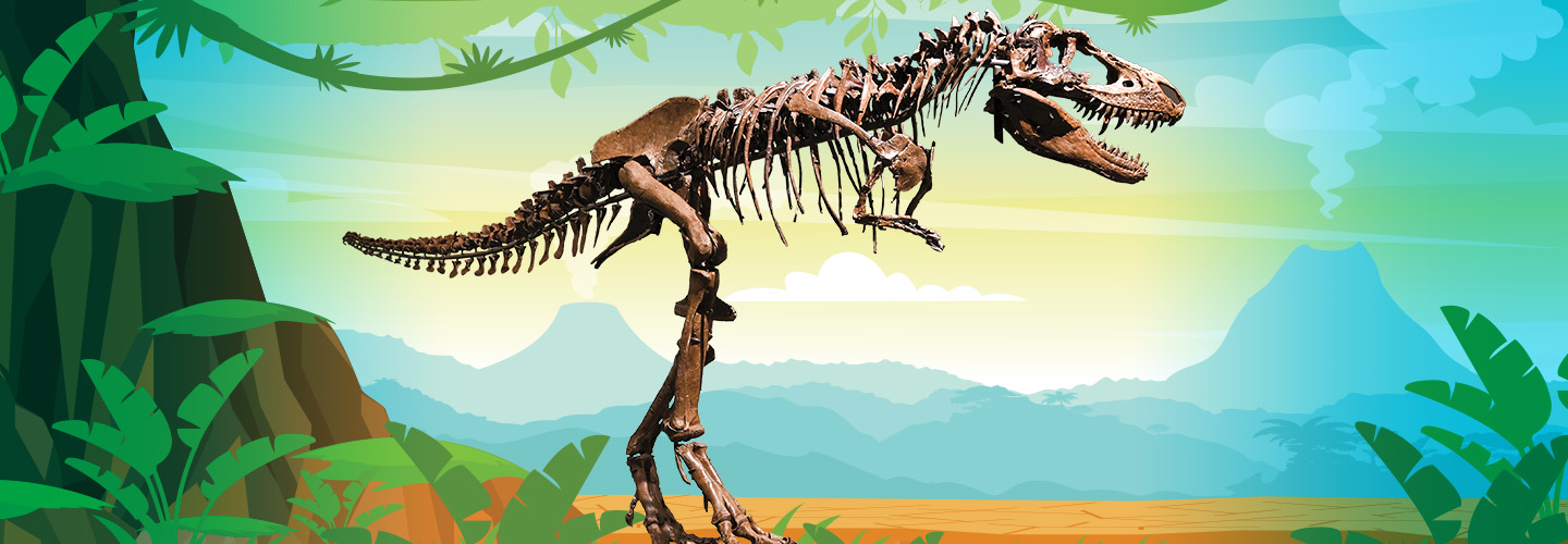 A fossil of T-Rex against a backdrop of a tropical mountainous landscape